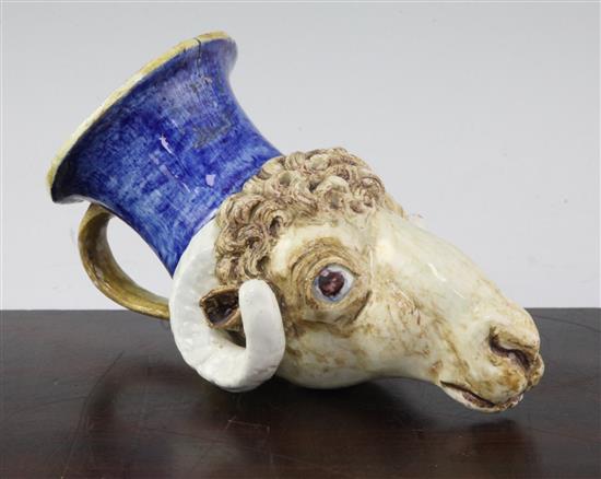 A unusual pearlware Rams head rhyton, early 19th century, 17.5cm